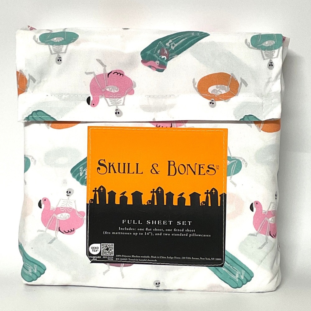 Skull & Bones Full Sheet Set Skeletons on Pool Floats Flamingo White 4 Piece